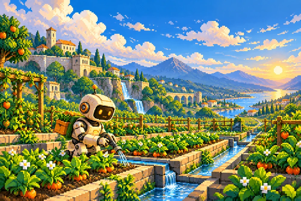 Robô cuidando de um jardim em pixel art: tarefas acontecendo automaticamente