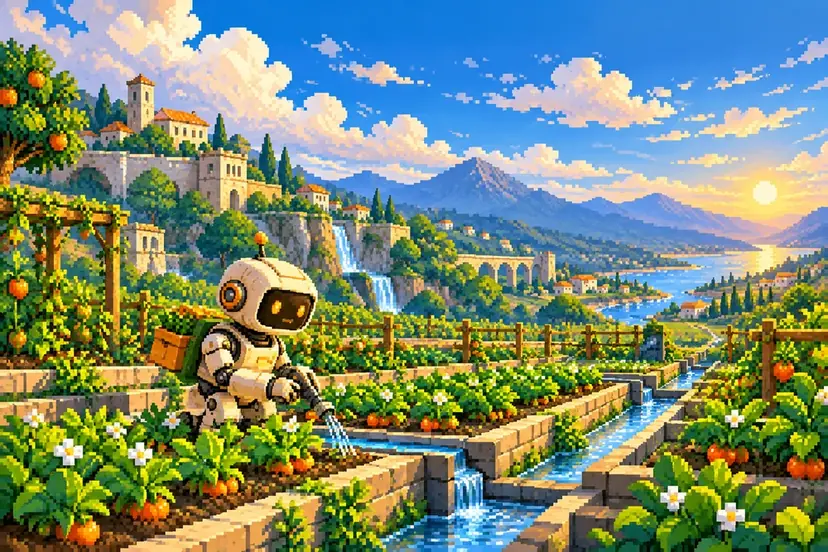 Robô cuidando de um jardim em pixel art: tarefas acontecendo automaticamente