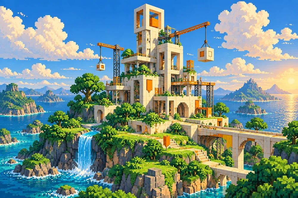 Ateliê modular em pixel art, representando soluções construídas sob medida